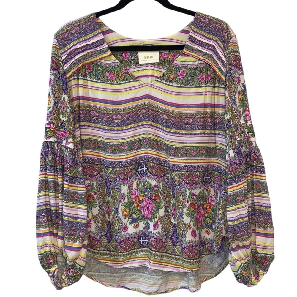 Maeve Anthropologie Boho Blouse Medium Floral Stripe Peasant Top Balloon Sleeve